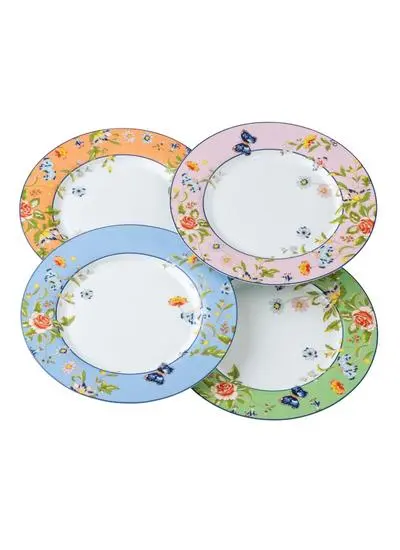 A set of six colorful ceramic plates with floral patterns and small insect designs, arranged in a stacked overlapping layout on a white background.